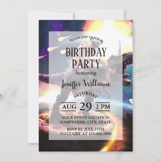 Invitation Carlin équitation dinosaur licorne dans l'espace (Devant)