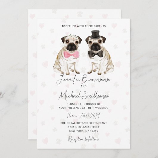 Invitation Carlin thème patte coeur chien mariage (Devant / Derrière)