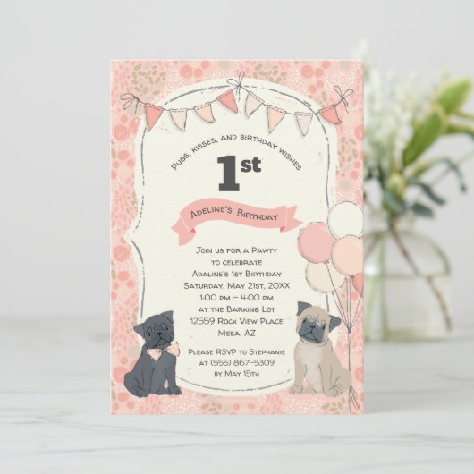 Invitation Carlins et baisers Chien chiot photo Anniversaire (Debout devant)