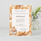 Invitation Carmel Cream Hearts Caramel Cupcake Birthday (Debout devant)