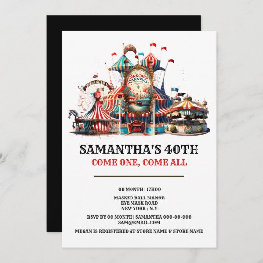 Invitation Carnaval anniversaire rétro cirque tente carousin  (Devant / Derrière)