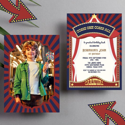 Invitation Carnaval bleu et rouge Retro