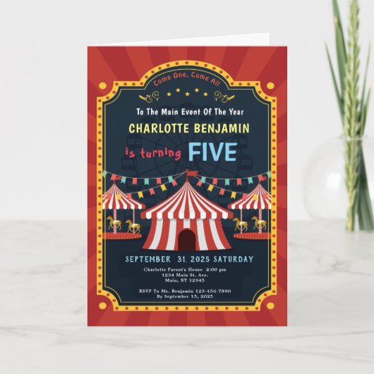 Invitation Carnaval Cirque Merry Go Round Anniversaire (Devant)
