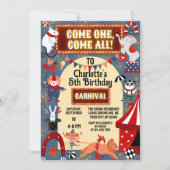 Invitation Carnaval coloré cirque brillant fête d'anniversair (Devant)
