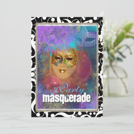 Invitation Carnaval d'anniversaire "masquerade party" en or r (Debout devant)