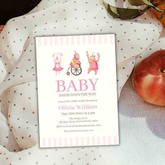 Invitation Carnaval de cirque rose mignon Teddy Bear Baby sho