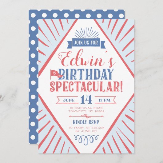 Invitation Carnaval de cirque typographique Anniversaire Spec (Devant / Derrière)