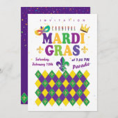 Invitation Carnaval de Mardi Gras Fleur de Lis Diamond Harleq (Devant / Derrière)