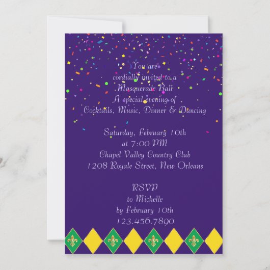 Invitation Carnaval de Mardi Gras Fleur de Lis Diamond Harleq (Dos)