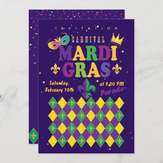 Invitation Carnaval de Mardi Gras Fleur de Lis Diamond Harleq (Devant / Derrière)