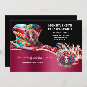 Invitation Carnaval imaginaires dames rose plumes bordeaux