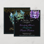 Invitation Carnaval Masqué Rose Turquoise Sweet Seize Ans (Devant / Derrière)