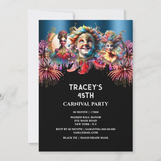 Invitation Carnaval nuit feu d'artifice de cirque mascarade b (Devant)