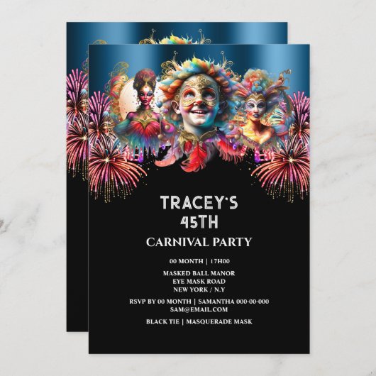 Invitation Carnaval nuit feu d'artifice de cirque mascarade b (Devant / Derrière)