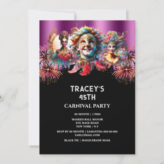 Invitation Carnaval nuit feu d'artifice de cirque mascarade v (Devant)