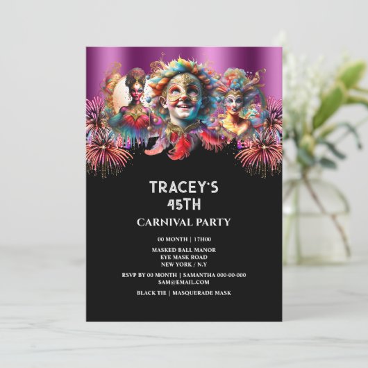 Invitation Carnaval nuit feu d'artifice de cirque mascarade v (Debout devant)
