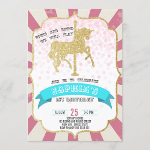 Invitation Carnaval rose Carrousel Girl Premier Anniversaire 