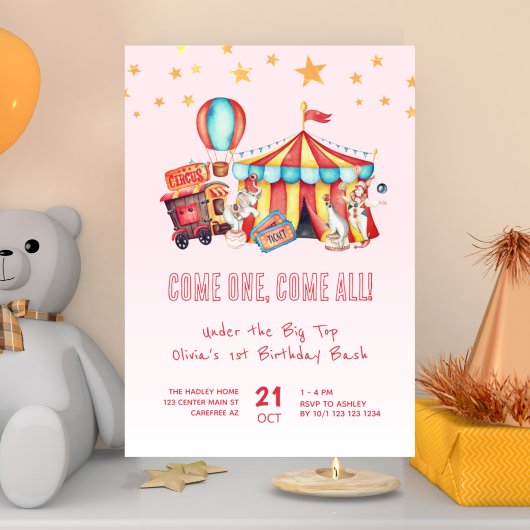 Invitation Carnaval rose Circus 1er anniversaire Bash