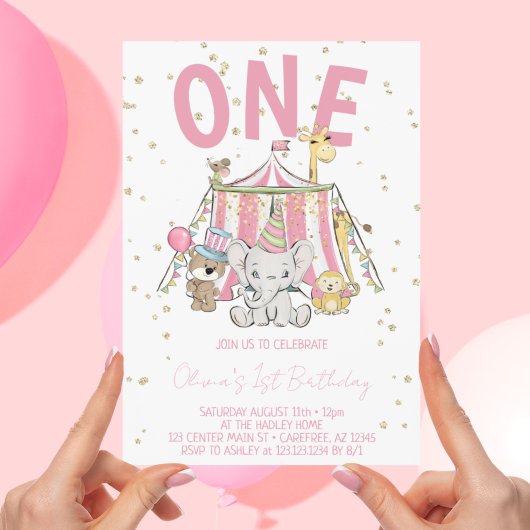 Invitation Carnaval rose Circus 1er anniversaire de l'enfant