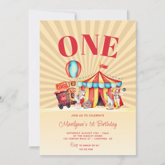 Invitation Carnival Circus Big Top 1er Anniversaire (Devant)