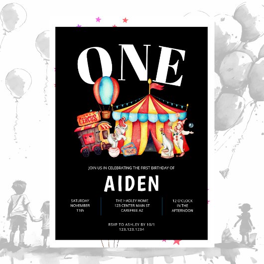 Invitation Carnival Circus Big Top Noir 1er Anniversaire