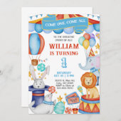 Invitation Carnival / Circus blue boy birthday invitation. (Devant / Derrière)