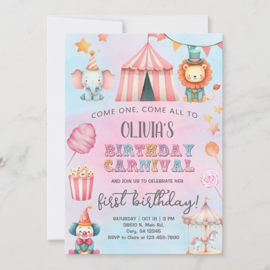 Invitation Carnival / Circus pink girl birthday invitation. (Devant)