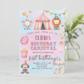 Invitation Carnival / Circus pink girl birthday invitation. (Debout devant)