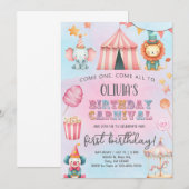 Invitation Carnival / Circus pink girl birthday invitation. (Devant / Derrière)