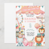 Invitation Carnival / Circus pink girl birthday invitation. (Devant / Derrière)