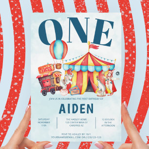 Invitation Carnival Cirque Big Top Blue 1er Anniversaire
