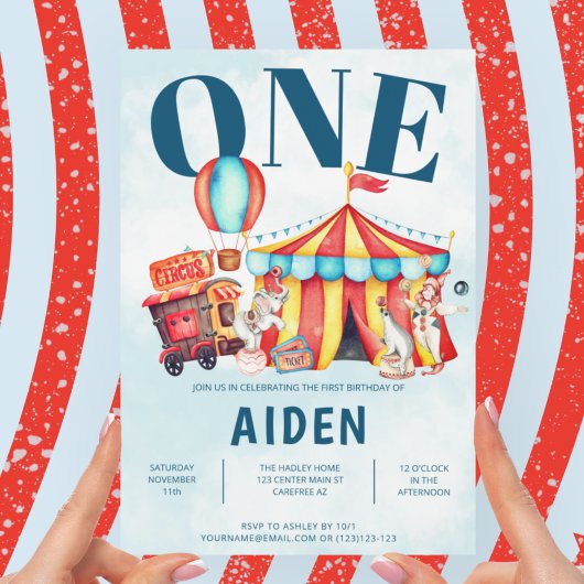 Invitation Carnival Cirque Big Top Blue 1er Anniversaire