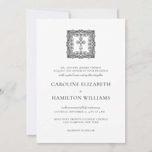 Invitation Caroline Simple Script Noir Mariage Catholique (Devant)