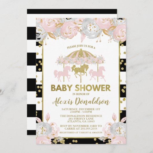 Invitation Carousel Baby shower rose et or (Devant / Derrière)