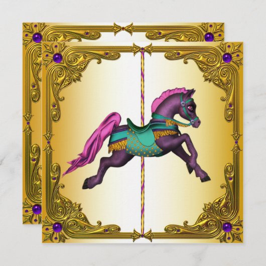 Invitation Carousel Cheval Purple Pony fête d'anniversaire (Devant / Derrière)