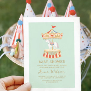 Invitation Carousel Pastel Sage Green Cute Baby shower