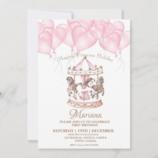 Invitation Carousel rose Cute Unicorn 1ère fête Anniversaire (Devant)