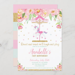 Invitation Carousel Unicorn 1er anniversaire Florale rose