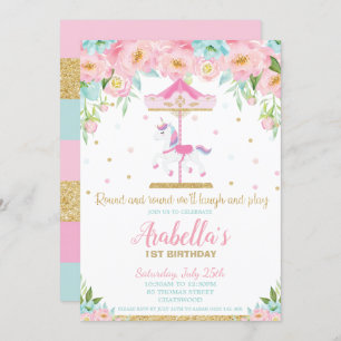 Invitation Carousel Unicorn 1er anniversaire Monnaie rose flo