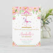 Invitation Carousel Unicorn 1er anniversaire Rose Floral Girl (Debout devant)
