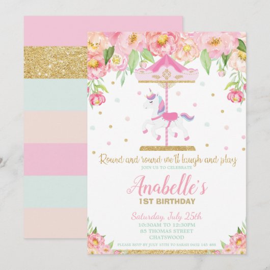 Invitation Carousel Unicorn 1er anniversaire Rose Floral Girl (Devant / Derrière)