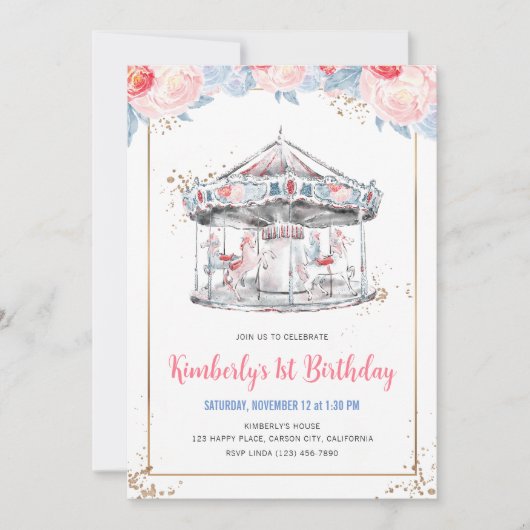 Invitation Carousel Wonderland Anniversaire rose (Devant)
