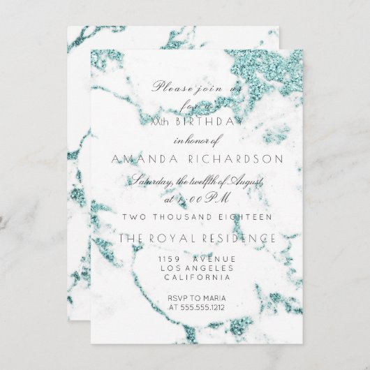 Invitation Carrara Marbre blanc Tiffany Aqua Parties scintill (Devant / Derrière)