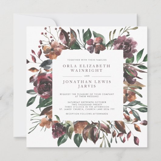 Invitation Carré Automne Aquarelle Muet Floral Frame Mariage (Devant)