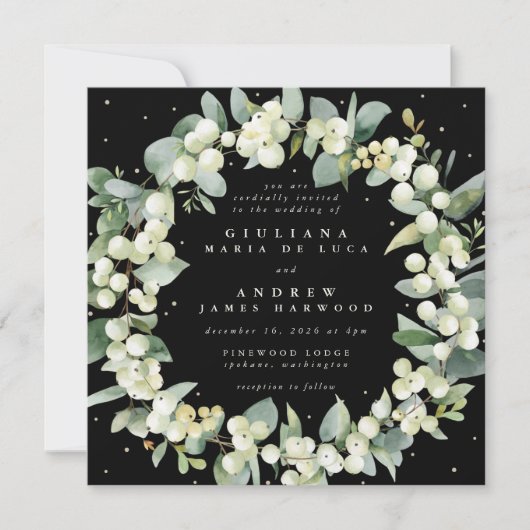 Invitation Carré Black Snowberry + Eucalyptus Wreath Mariage (Devant)