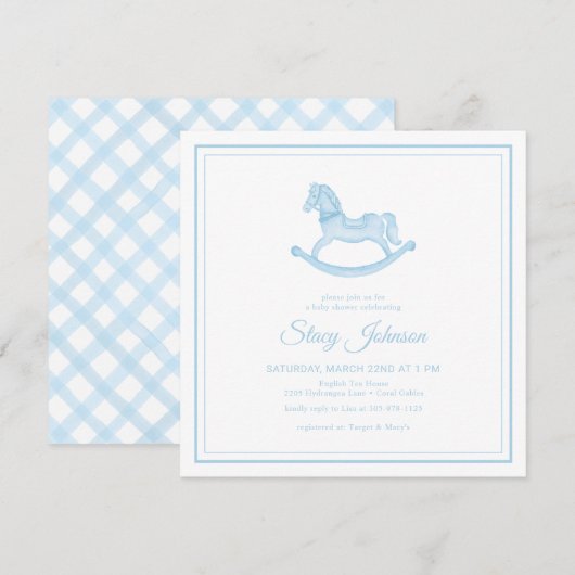 Invitation Carré Blue Rocking Horse Boy Baby shower Invitatio (Devant / Derrière)