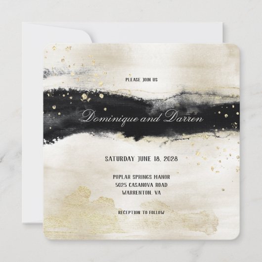 Invitation Carré Champagne Gold & Black Watercolor Mariage (Devant)