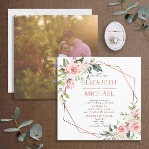 Invitation Carré Cuivre Géométrique Peach rose Floral Photo