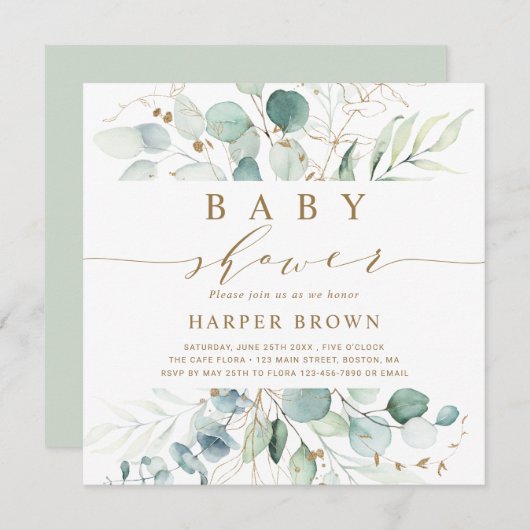 Invitation Carré de Baby shower botanique vert et or (Devant / Derrière)