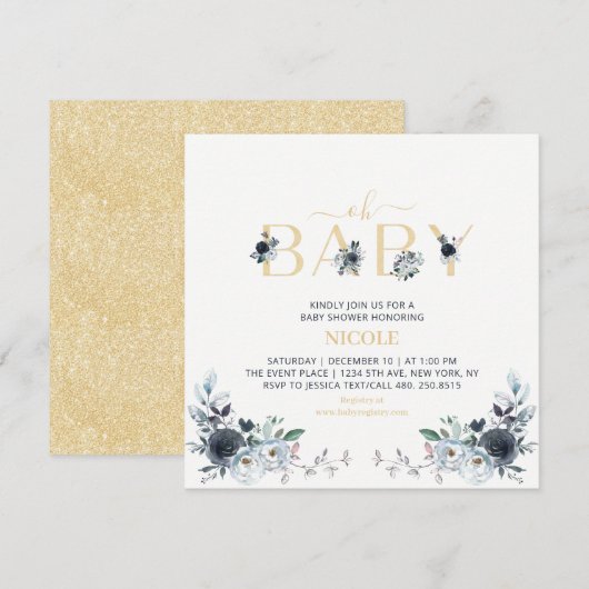 Invitation Carré de Baby shower Floral Navy & Gold Boho (Devant / Derrière)